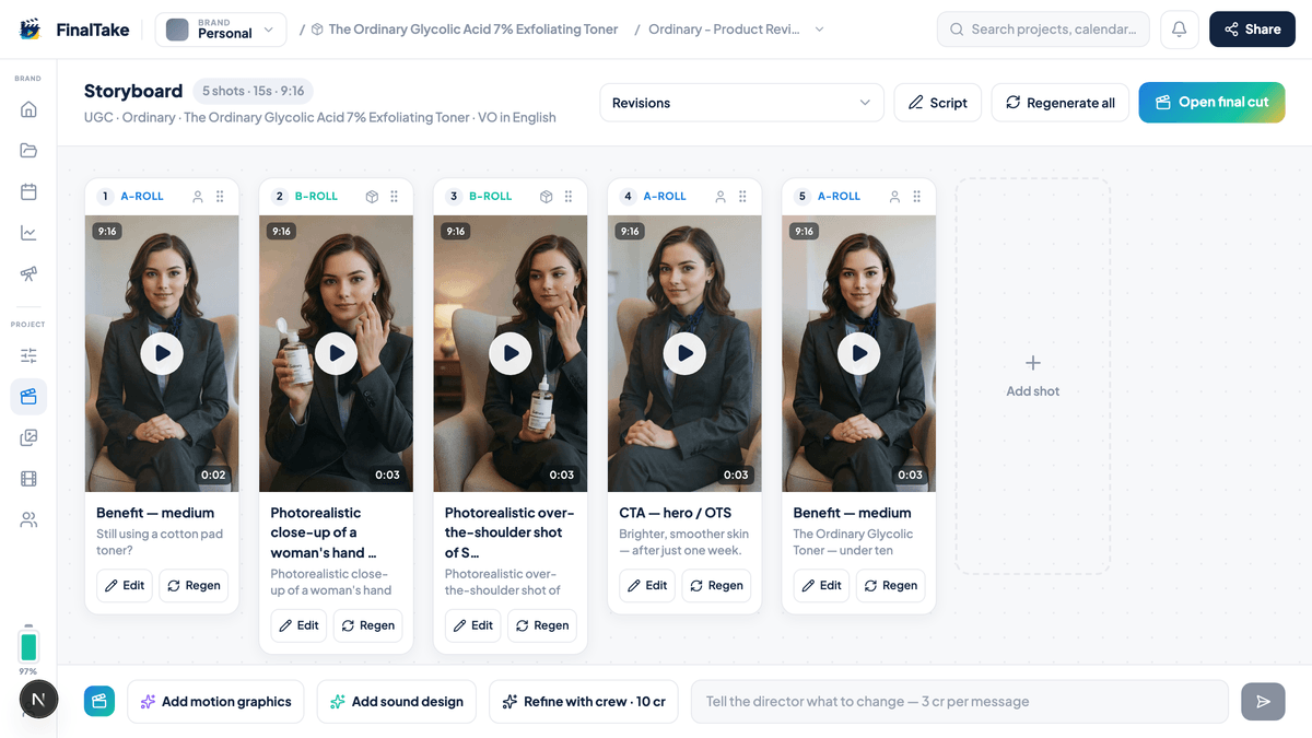 FinalTake storyboard — review scenes, avatars, and b-roll before generating